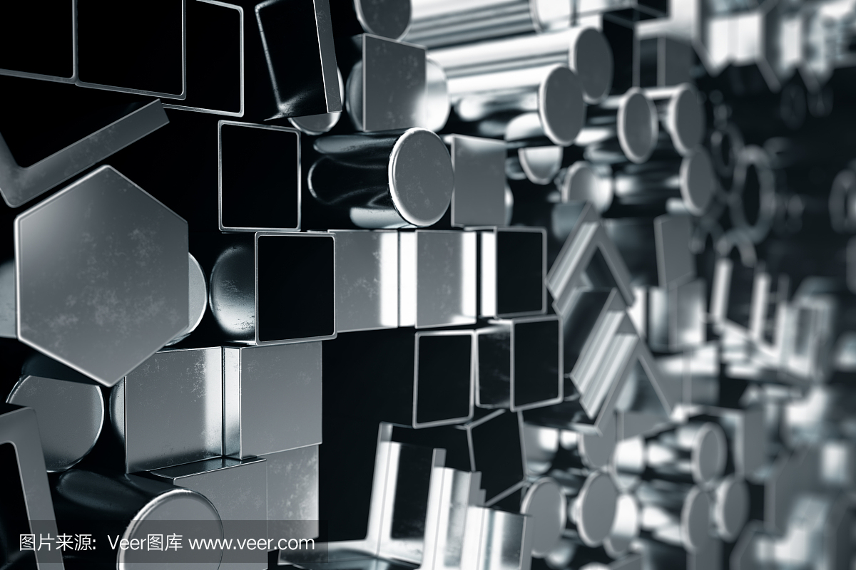 圆柱形金属钢型材,六角金属钢型材,方形金属钢型材。不同不锈钢制品,3D插图
